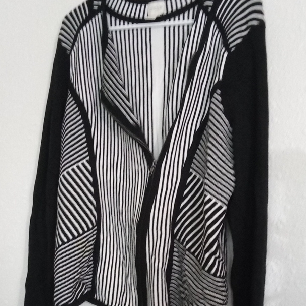 Chico's Black & White Striped Open-Front Cardigan